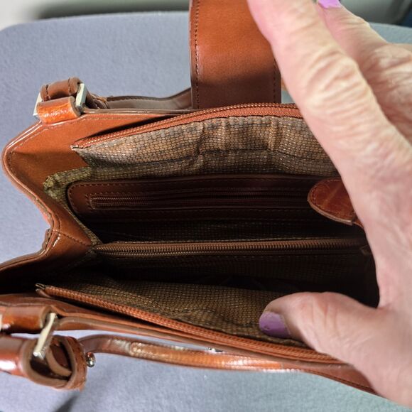 MC Crocodile Embossed Brown Leather Shoulder Bag Purse Silver Accent Structured - Picture 3 of 7